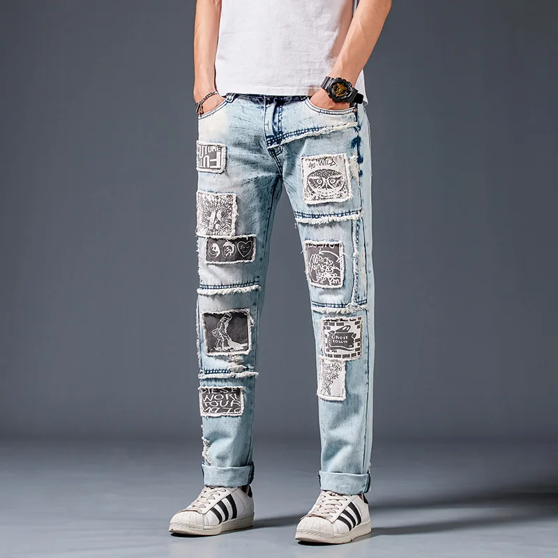 Spring Autumn Hip Hop Jeans Men High Street Fashion Brand New Blue Patch Print Stretch Fit Jeans Mens Jeans Trend Mens Jeans