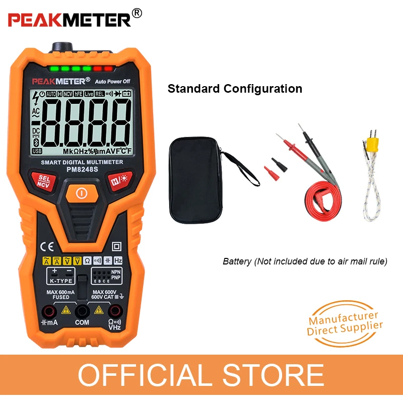 Peakmeter PM8248S Smart AutoRange Professional Digital Multimeter Voltmeter NCV Frequency Backlight Temperature Transistor test |