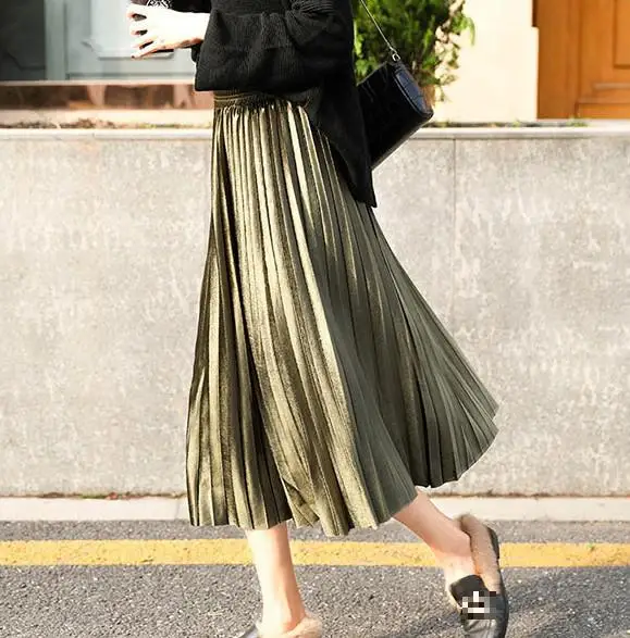 Новинка 2020 длинная бархатная плиссированная юбка макси KUDVOGUE металлик