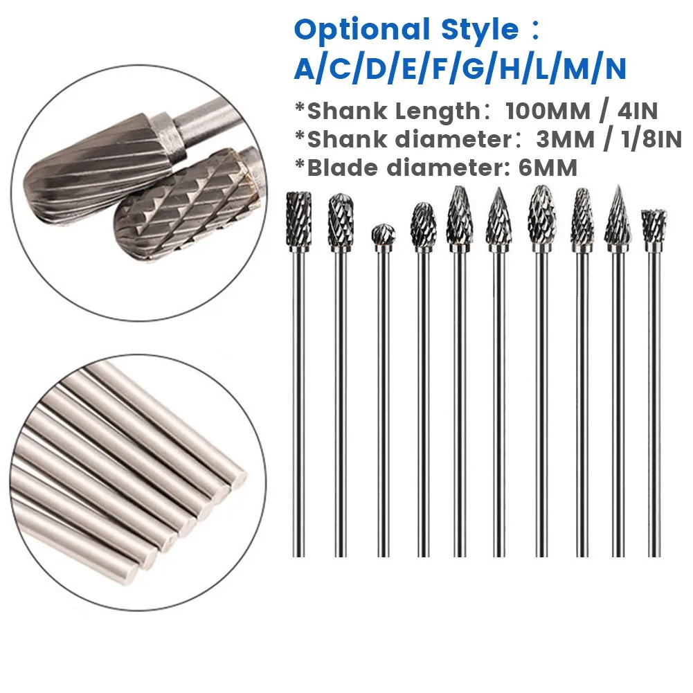 

11 Types 100mm 3mm Shank Grinding Head Carving Double Cut Long Hot New