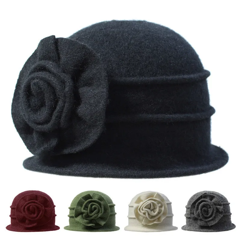

Fashion Vintage Women Bucket Hat Solid Color Flower Decoration Autumn Winter 100% Wool Cap Elegant Ladies Girls Hats