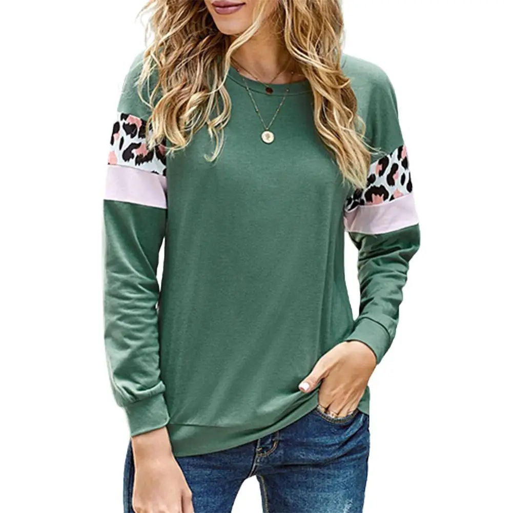 

Autumn Winter Casual Women O Neck Long Sleeve Leopard Patchwork Pullover Blouse Sweatshirt Sport Clothes Slim-fit Sweater