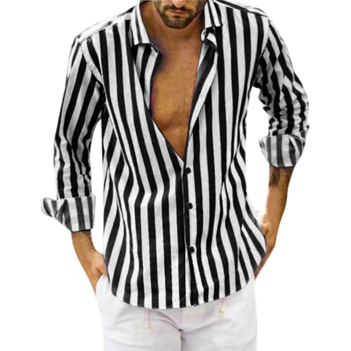 

Black Mens Fashion Clothing Trends Long Sleeve Striped Button Lapel Shirts