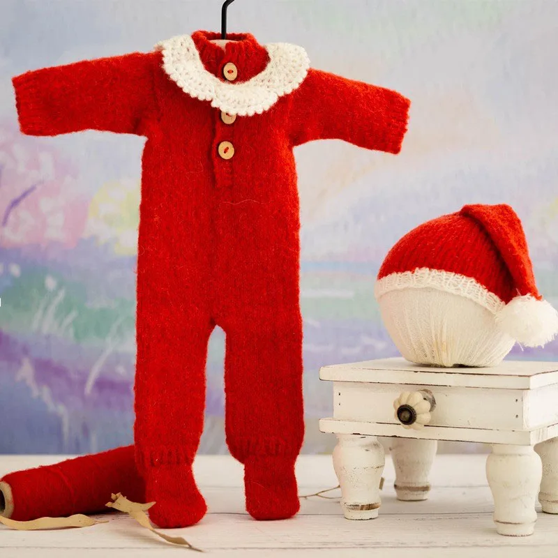 Newborn Photography Clothing Soft Christmas Hat+Collar+Jumpsuit 3pcs/Set Studio Baby Photo Prop Accessories Knit Crochet Costume