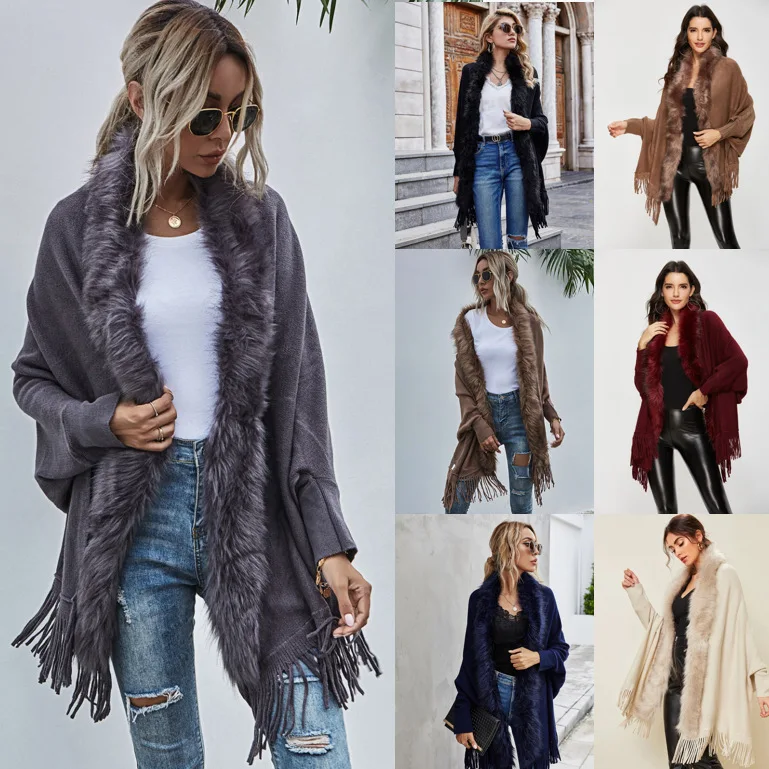 

2021 sweater women autumn and winter new fur collar shawl cardigan sweater