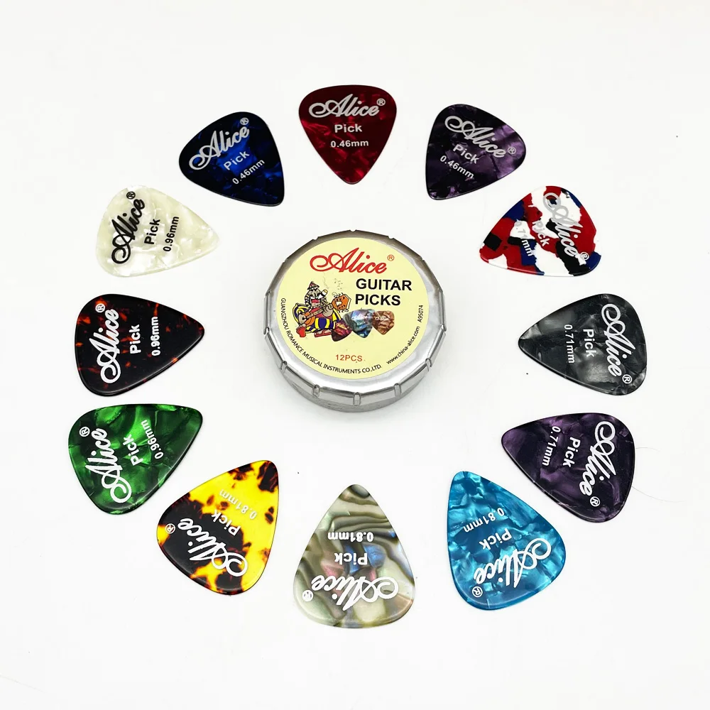 12 stücke alice gitarre picks und 1 metall zinn box zubehör akustische elektrische vermittler guitarra violão 046 071 081 096mm fre