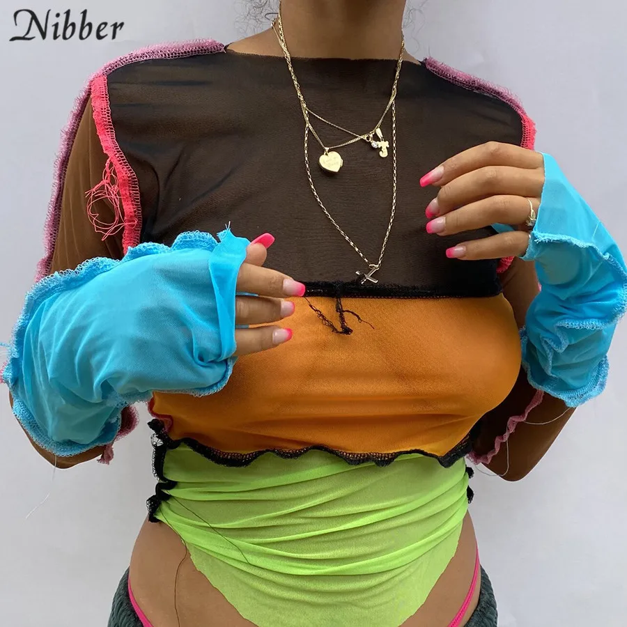 

Autumn new patchwork design mesh long sleeve crop top for women Punk style see-through sexy T-shirt street casual wear