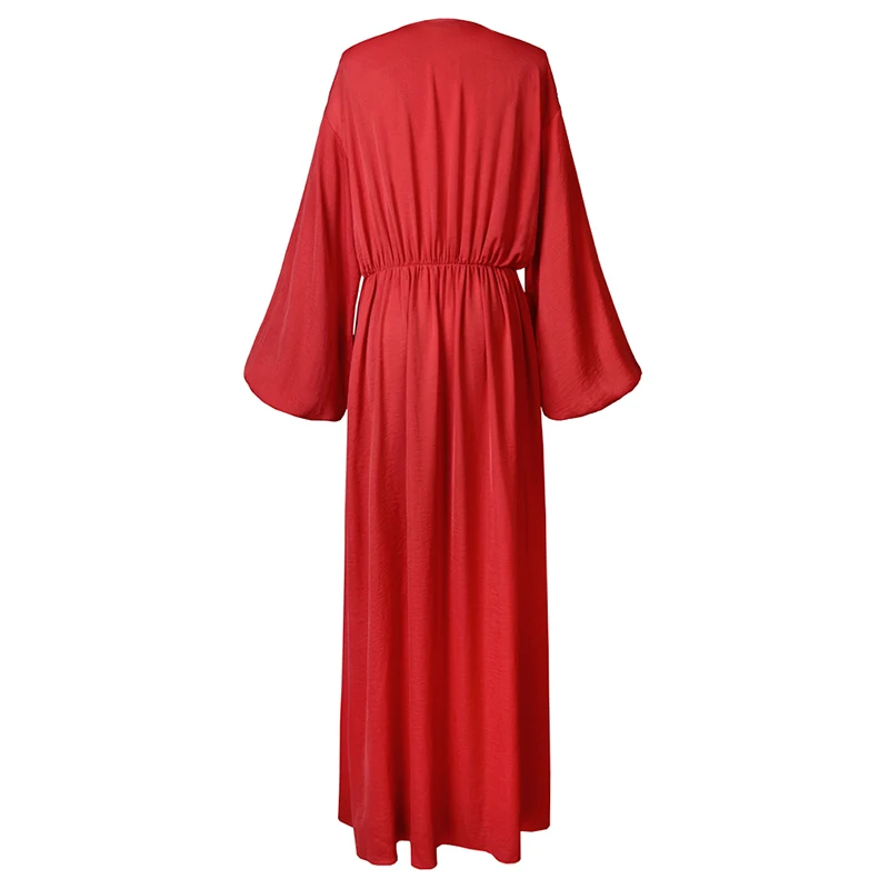 

[EAM] Women Red Pleated Temperament Long Dress New V-Neck Long Puff Sleeve Loose Fit Fashion Tide Spring Autumn 2021 1B127