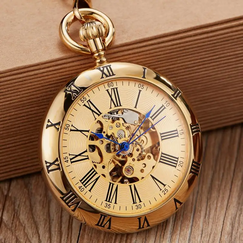 Luxury Gold Automatic Mechanical Pocket Watch Retro Copper Watches Roman Numerals Fob Chain Pendants Unisex reloj de bolsillo