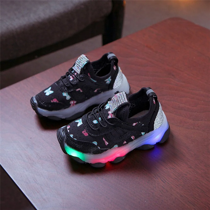 Children Shoes Kid Baby Girls Sneaker Sweet Butterfly Crystal Led Luminous Sport Run Sneakers Casual Print Rhinestone Shoe | Детская