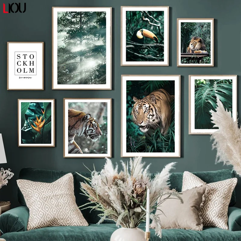 Настенная Картина на холсте с изображением джунглей гепарда льва монстеры