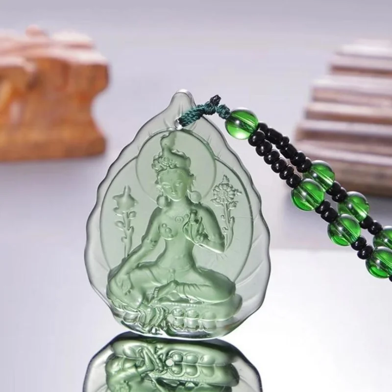 

1pc Liuli Crystal Buddha Green Tara Pendant Amulet Buddha Charms Tibetan Buddhism Religion Amulet Pendant Crystal Beads Necklace