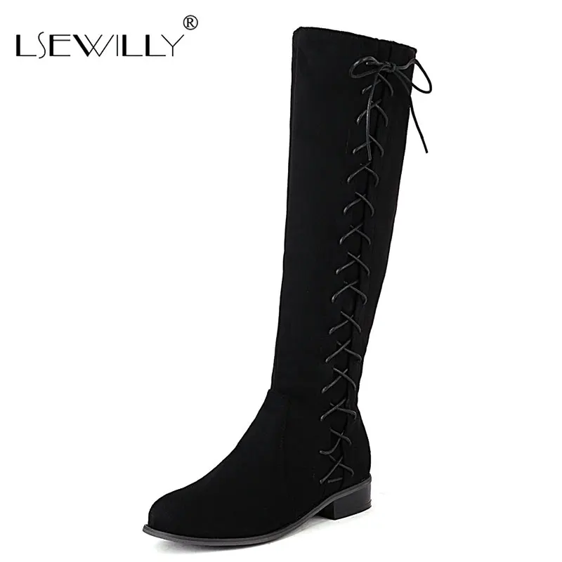 

Lsewilly 2021 Flock Side Cross-tied Round Toe Chunky Low Heels Knee High Womens Boots Small Size 33 47 48 Woman Winter Shoes