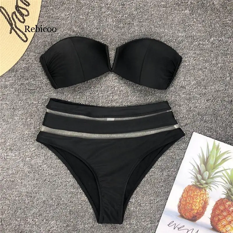 

Lady Sexy Bikini High Waist Solid Black White Mesh Push-up Padded Swimsuit Swimwear Bathing Suit Bikinis set Women