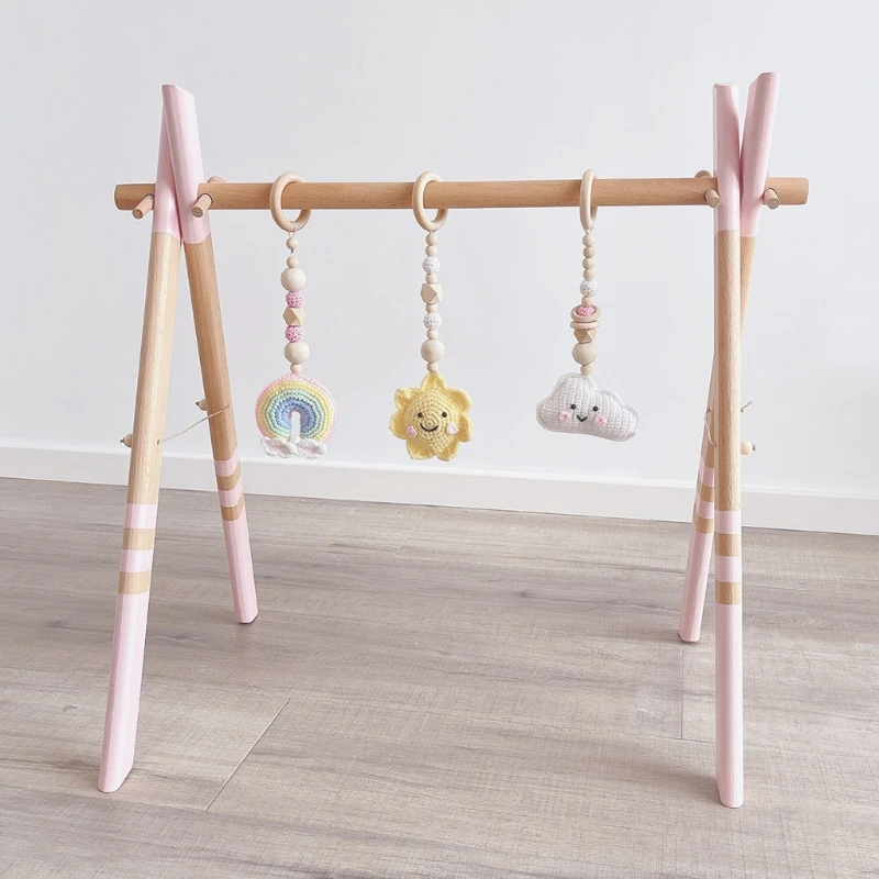 

3 Pcs/Set Baby Gym Frame Pendants Crochet Sun Cloud Rainbow Rattles Wooden Ring