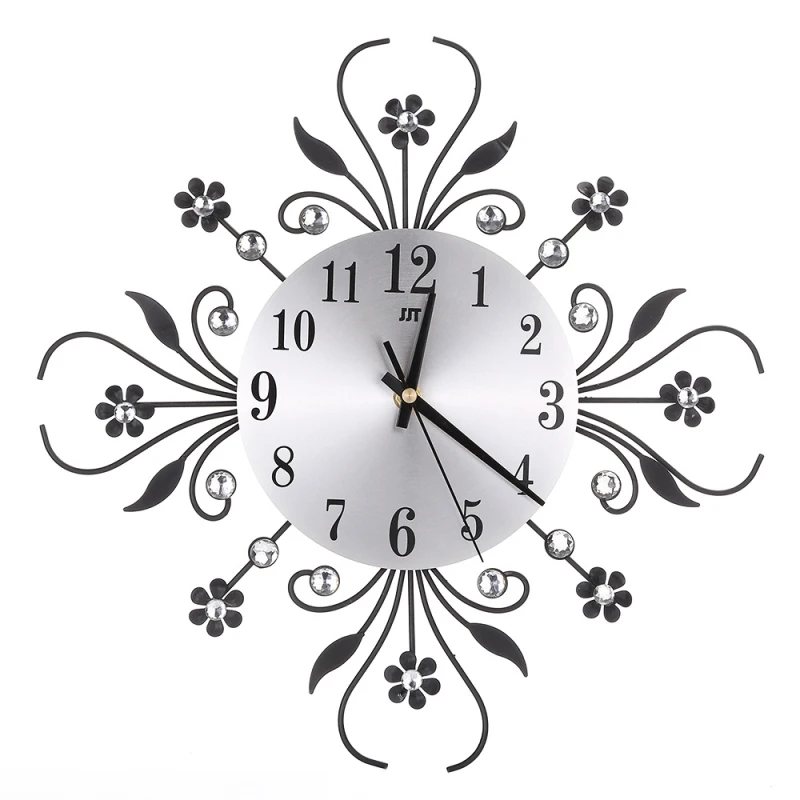 

European Fashion Wall Clock Iron Art 3D Wall Clock Diamond Flower Living Room Bedroom Mute Metal Wall Clock Direct Sales