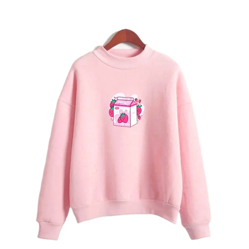 

Женские толстовки и свитшоты Harajuku Kawaii клубничный молочный принт пуловер Топ с длинным рукавом Круглый вырез милый стиль спортивный костюм ...