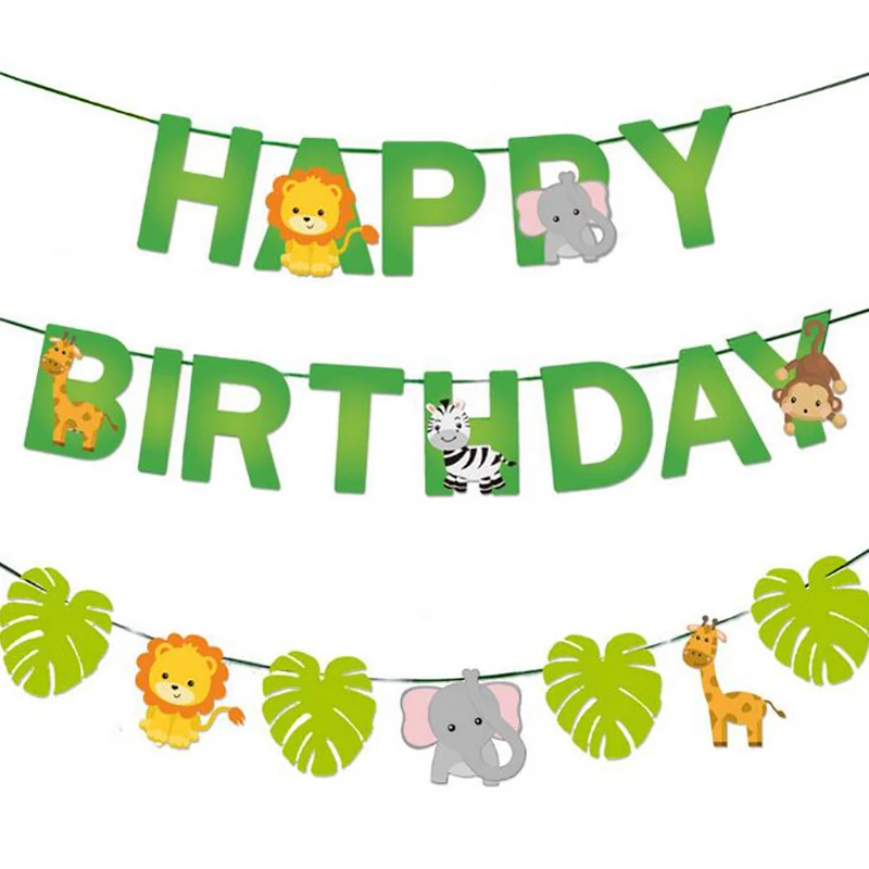 

Jungle Animal Theme Disposable Tableware Set Birthday Flag Cartoon Lion Elephant Banner Cake Insert Card Ornament Party Supplies
