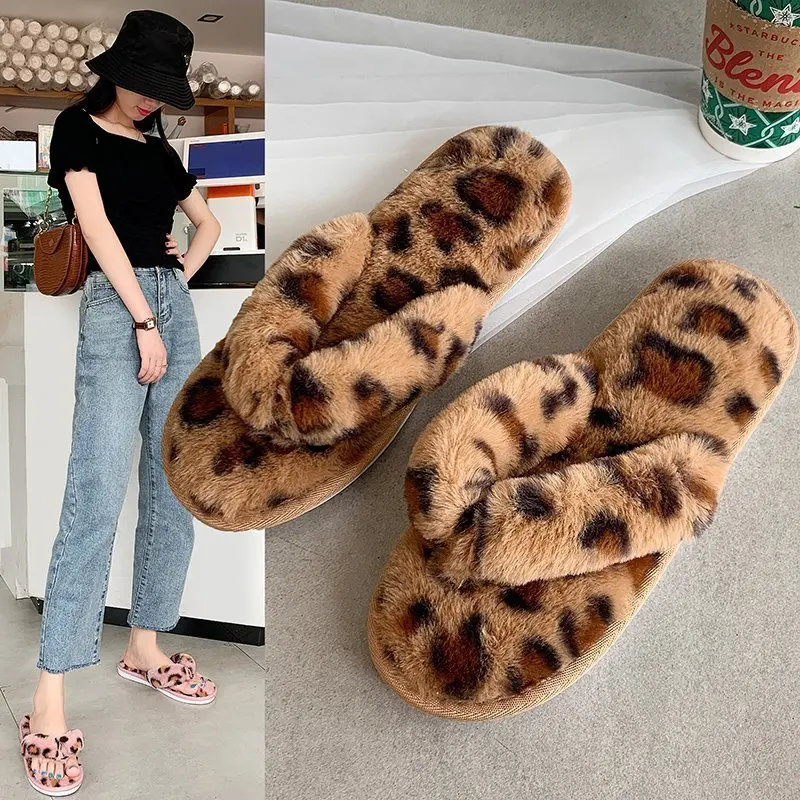 

2021 Fashion Autumn and Winter Warm Fur Leopard Women Indoor Slippers Plush Fuzzy Woman Flip Flops Slides for Women Flat with