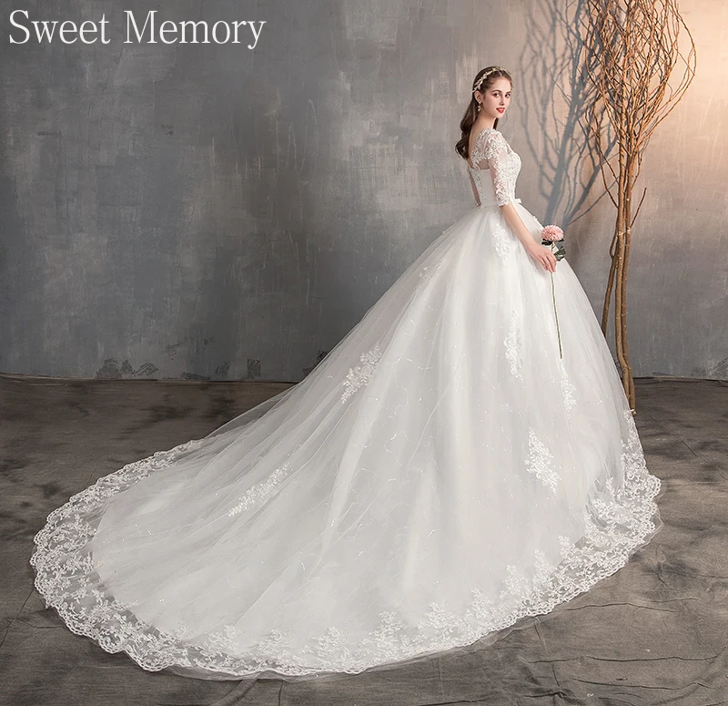 

Sweet Memory Vintage Dress 2021 Half Sleeve 2 to 26W Plus Size Wedding Dresses Lace Embroidery Train Bride Vestidos Elegantes