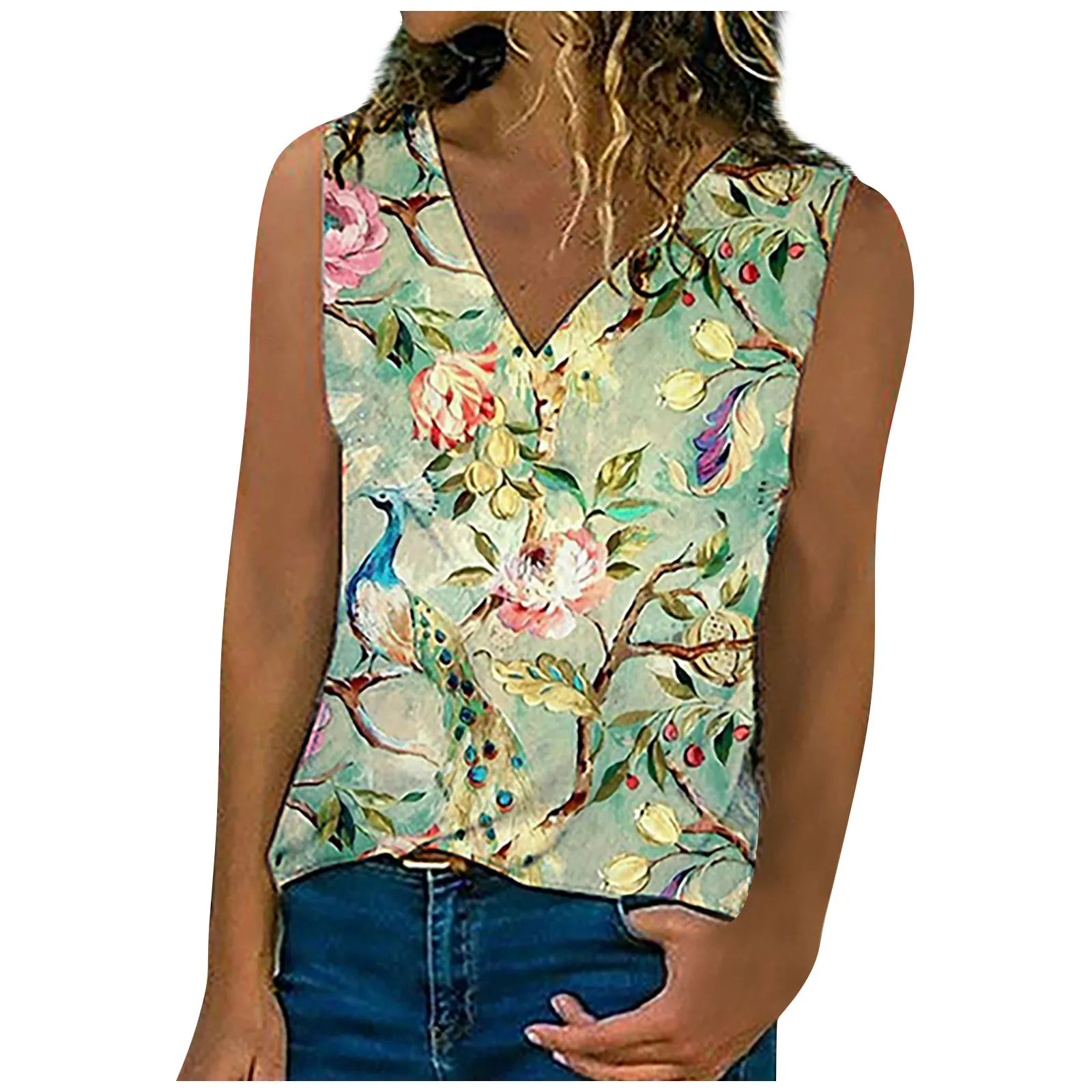 

2021 Women's T-Shirt New Summer Sleeveless Loose Printed Tops Large Size V Neck Hot Selling Shirt