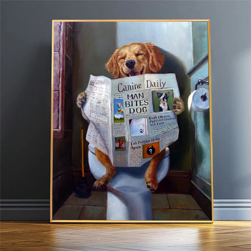 

Funny Animal Smile Dog Read Newspaper Oil Painting On Canvas Wall Art Poster And Prints Picture For Bathroom Toilet Decoration
