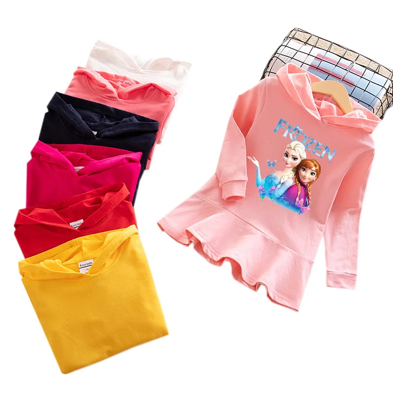 

9 Color Original Frozen Anna Elsa Girl Hooded Sweater Long Sleeve Dress Baby Cotton Casual Cartoon Letter Ruffle Pink Red Dress
