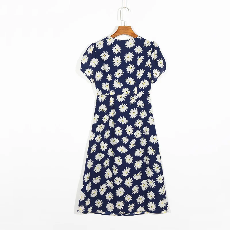 

Summer women's dress casual flower print V-neck short-sleeved belt decoration slim dress Vestidos