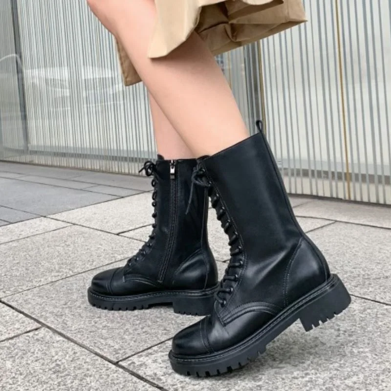 

TAOFFEN Real Leather Women Mid Calf Boots Round Toe Flats Cross Strap Zipper Shoes Winter Warm Boots Party Footwear Size 35-39