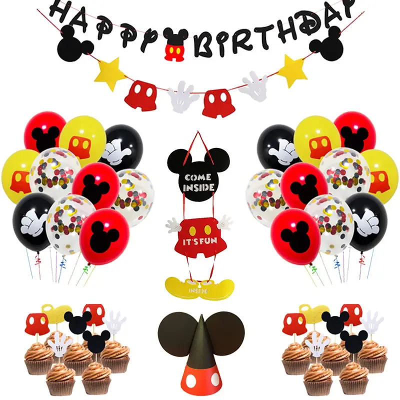 

Disney Mickey Mouse Birthday Party Decorations Set Balloons Paper Banner Hat Cake Topper Kids Boys Baby Shower Party Supplies