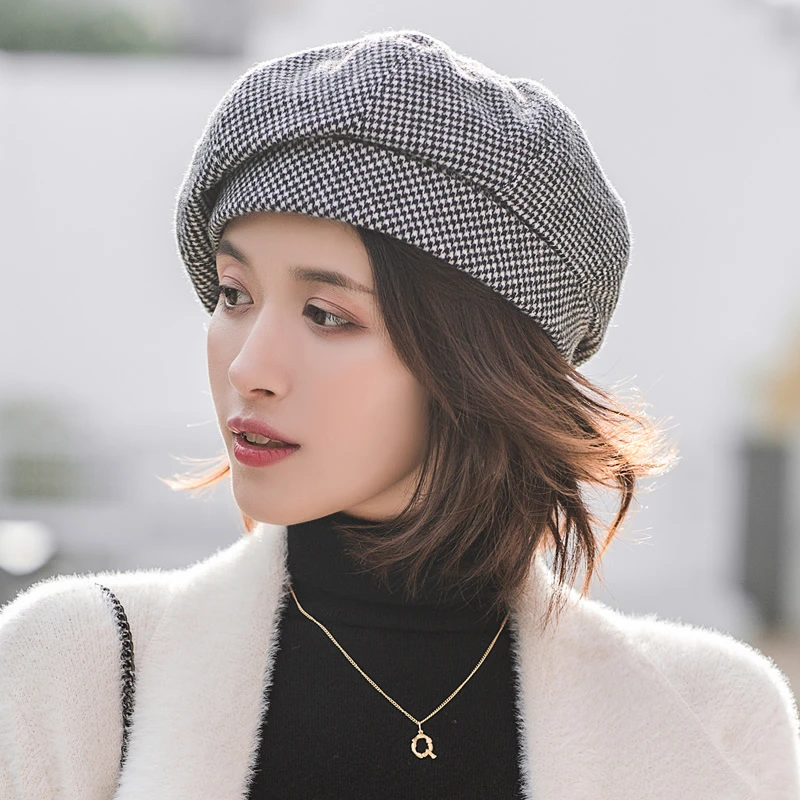 Simple Women beret For Elegant lady Winter Female Cotton Hats Plaid Vintage Octagonal Casual boina Autumn girl Cap
