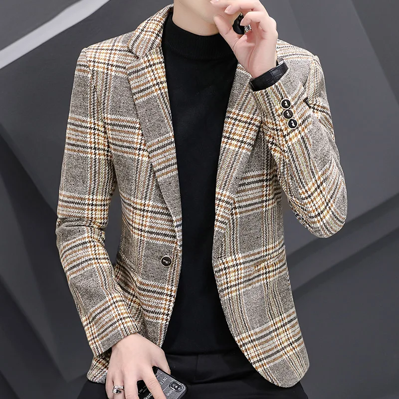 Блейзеры в клетку мужские золотистые бархатные демисезонные костюмы куртки