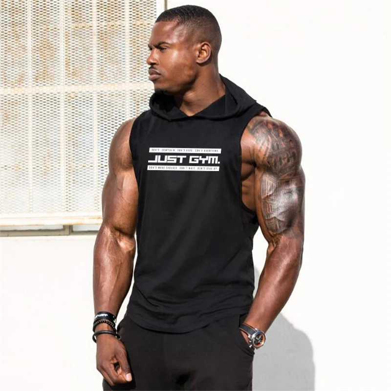 

Жилет для бега, бодибилдинга, рубашка без рукавов с капюшоном, майка для тренажерного зала, мужские майки для мышц, хлопковая Спортивная оде...