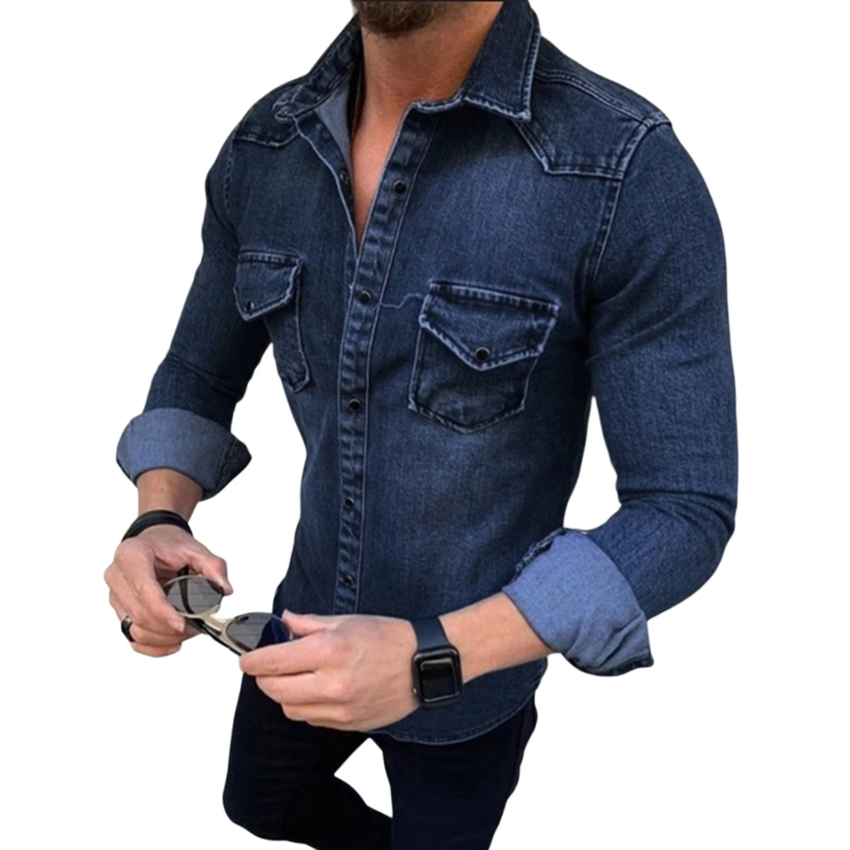 

2021 Brand New Style Mens Casual Long-sleeved Shirts Fashion Solid Color Single-breasted Lapel Slim Fit Blouse