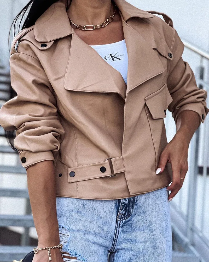 

2021 New Fashion Beige Pu Leather Jacket Ladies Short Coat Jacket