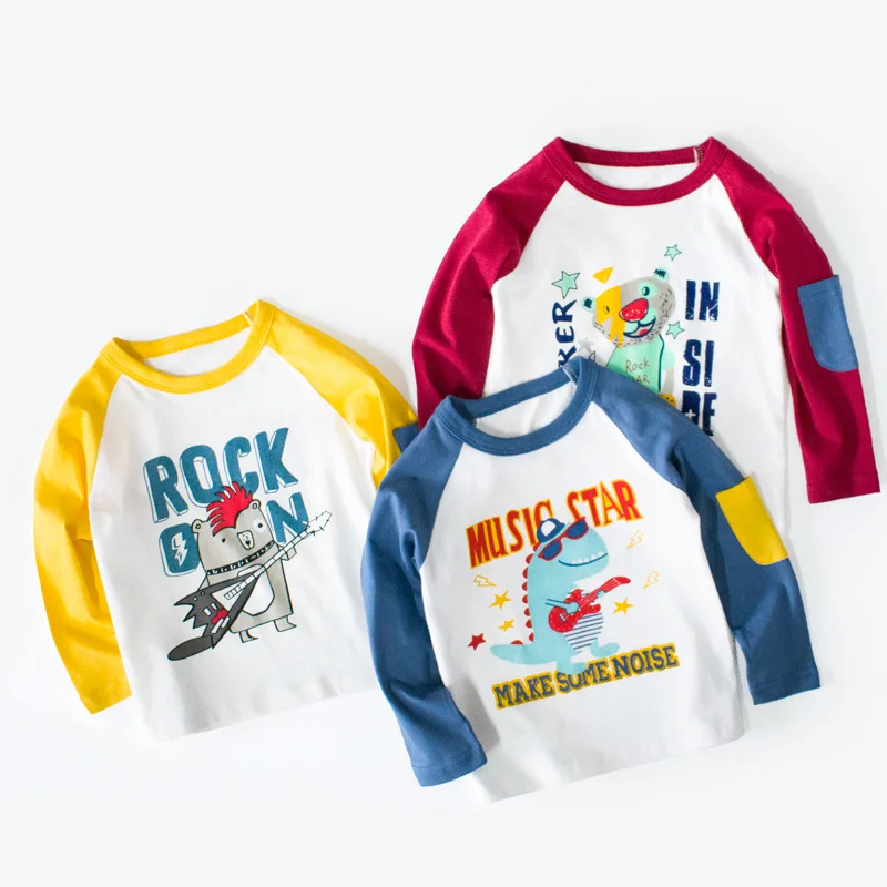 

2021 Spring Autumn For 2-7 Years Old Children Cotton Patchwork Cartoon Cute Bear Birds Baby Kids Boys Long Sleeve T-Shirts