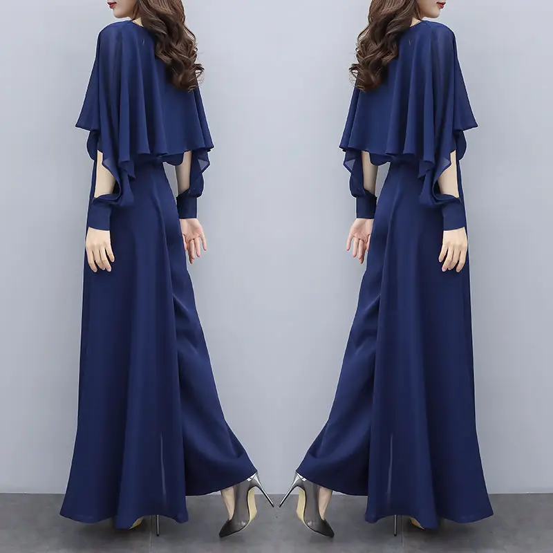 Женский брючный костюм из шифоновой рубашки и брюк с широкими штанинами |