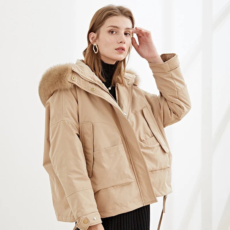

2022 New Winter Natural Raccoon Fur Collar Women 90% White Duck Down Coat Female Hooded Parkas Lining Removable Puffer Jacket