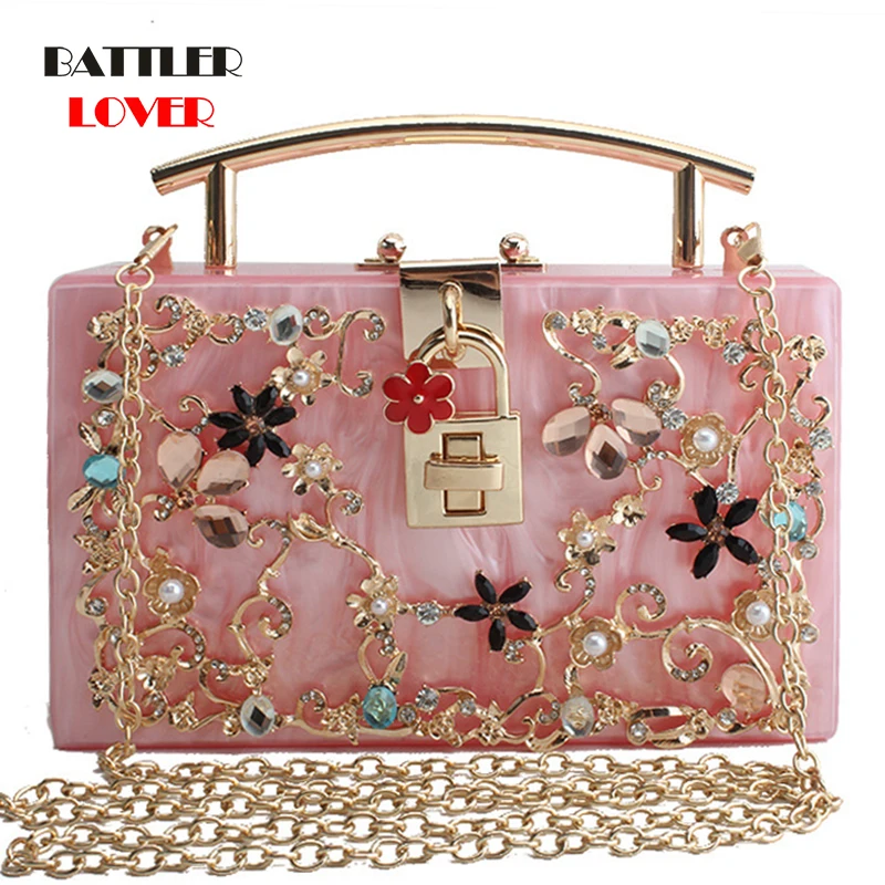 

Luxury Handbags for Women 2020 Box Designer Purse Acrylic Crystal Diamond Clutch Evening Party Flaps Lady Shoulder Flowers Totes