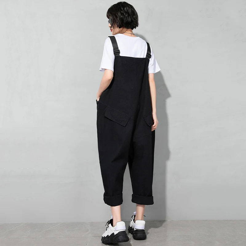 

[EAM] High Waist Black White Leisure Long Strap Pants New Loose Fit Overalls Women Fashion Tide Spring Autumn 2021 1DD9516