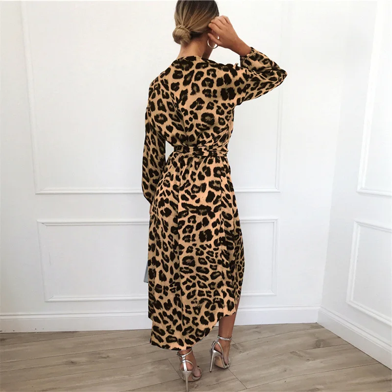 

Leopard Print Womens Sexy Dress V-Neck Long Sleeve Mid-Calf Women Party Dresses Casual Night Club Vintage Ladies Streetwear