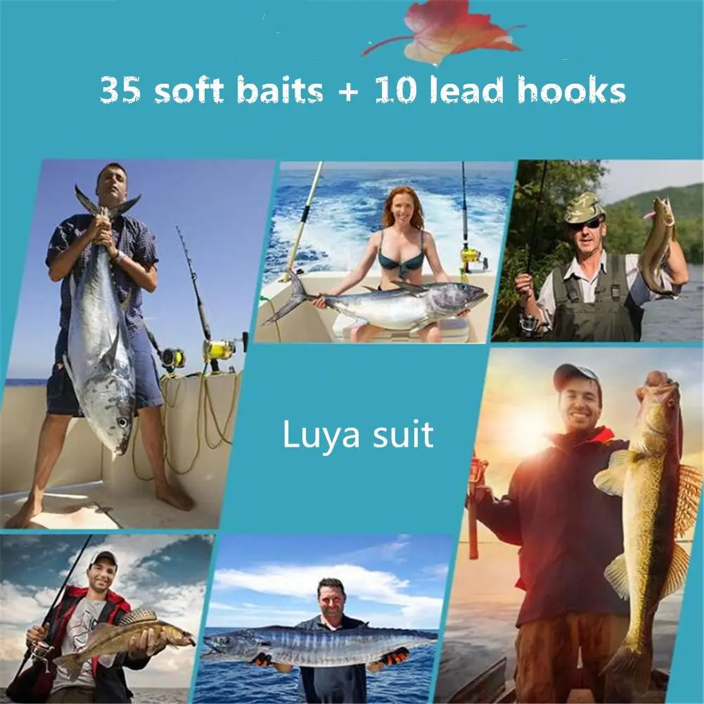 

Fishing Tackle Set Fishing-lure 35Pcs Soft Worm Fishing Baits + 10 Lead Jig Head Hooks Simulation Lures