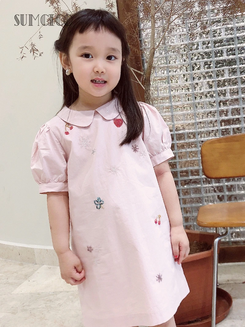 Хлопковое платье Sumcico для девочек с вышивкой бисером и блестками воротником в