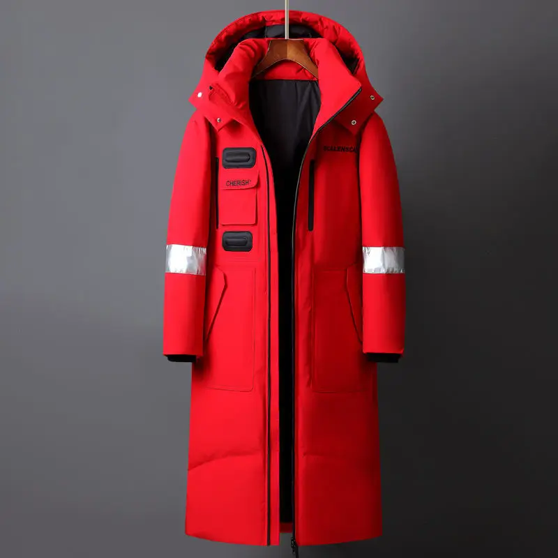 Winter New Men Long White Duck Down Jackets Hooded Fashion Thicken Warm Overcoats Loose Down Coats Man Parkas Black Red White
