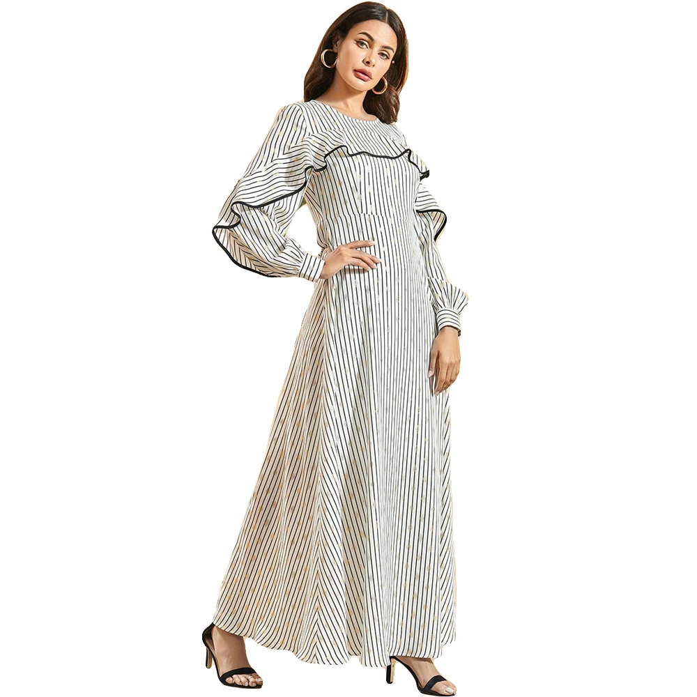 

Dubai Vintage Abaya Dress Women Long Sleeve Stripe Ruffle Kaftan Jilbab Islamic Maxi Robe Ramadan Prayer Dresses Middle East New