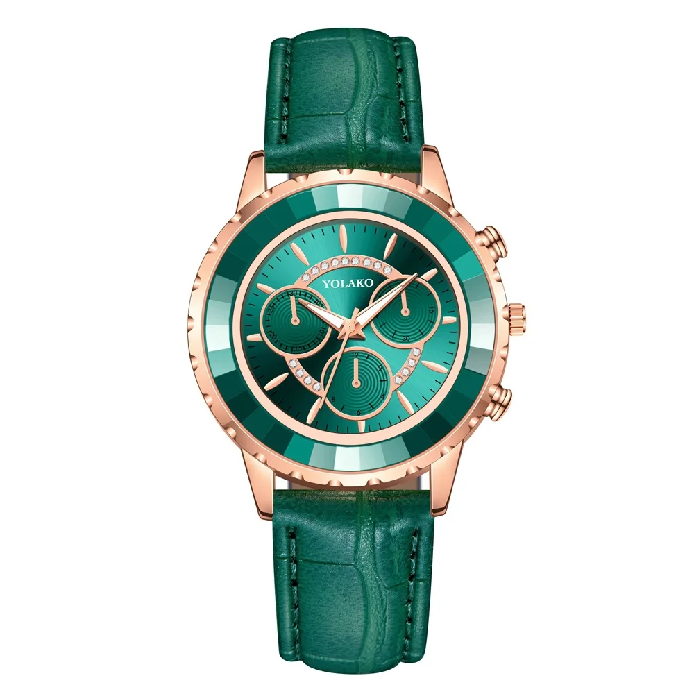 

Luxury Fashion Three Eyes Dial Women Green Watch Quartz Leather Ladies Wristwatches 2020 YOLAKO Brand Woman Clock Montre Femme