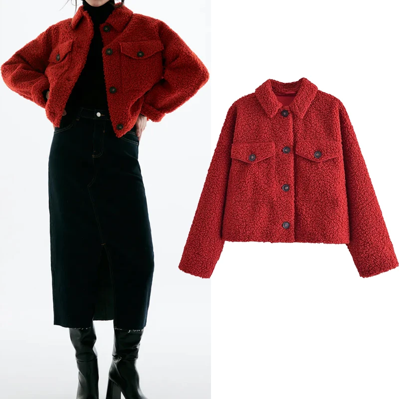 

YMQL Za Red Fleece Jacket Women Winter Button Fluffy Teddy Jacket Woman 2021 Long Sleeve Cropped Plush Jacket Faux Fur Coat