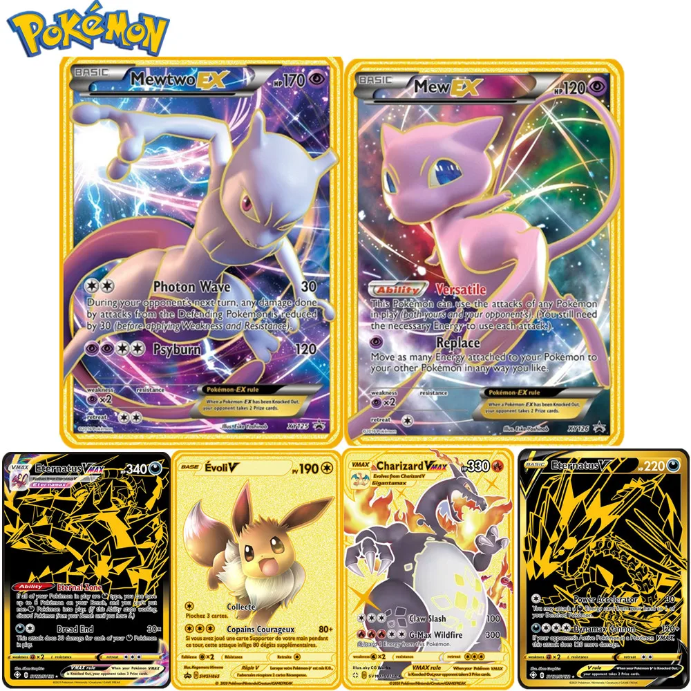Редкие металлические карты Pokemon V Vmax Mewtwo EX HP170 Mew HP120 золотые коллекционные подарок
