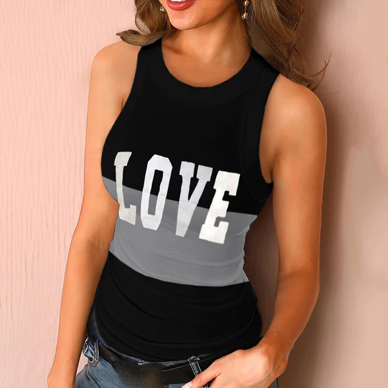 

2021 Sexy Summer O Neck Sleeveless Basic Corset Letter Print Colorblock Black Tank Top Cami Shirt Girls Slim Fit Sport Outfits