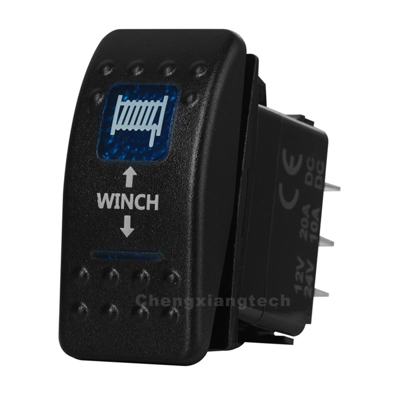 

12V 20A 24V 10A WINCH IN WINCH OUT Momentary Rocker Switch DPDT, (ON) OFF (ON) Blue led, Waterproof IP68 for Carling Contura